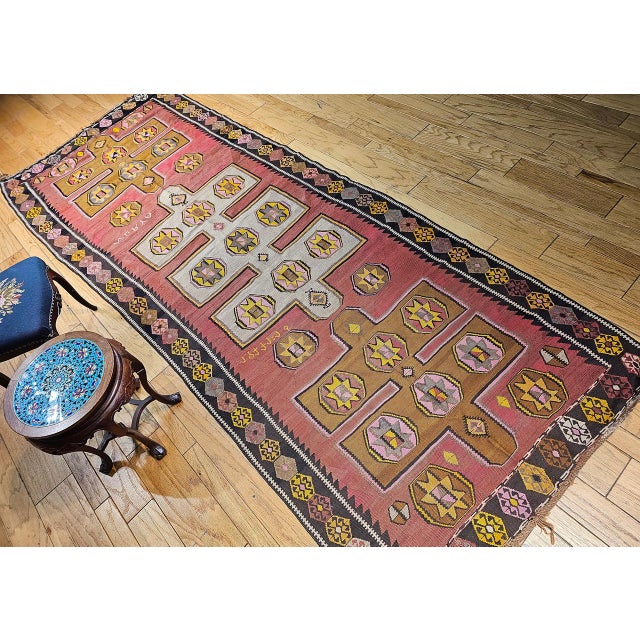 Vintage Anatolian Turkish Kilim Gallery Rug, Flat-Woven Geometric Pattern, Pink & Yellow, 5x13 For Sale - Image 4 of 14
