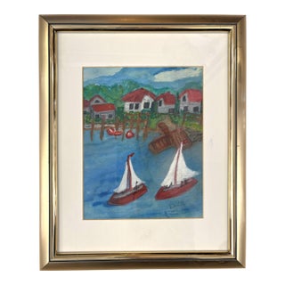 Original Signed and Framed Primitive Mixed Media Drawing Signed 'Belle' For Sale