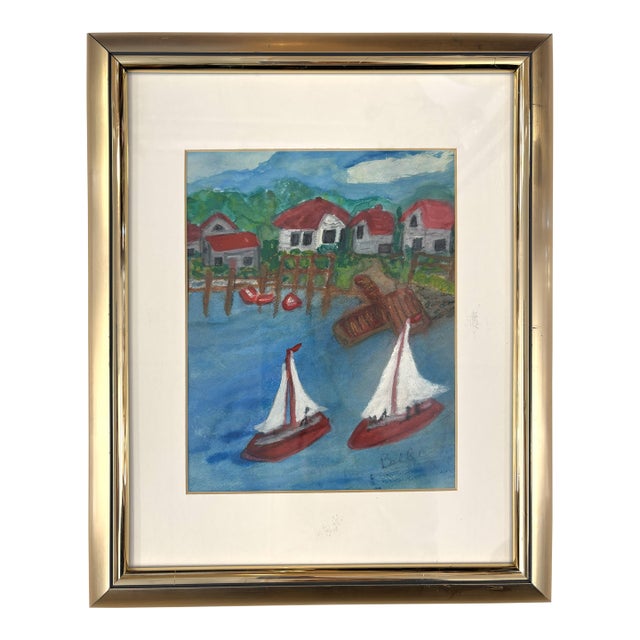 Original Signed and Framed Primitive Mixed Media Drawing Signed 'Belle' For Sale