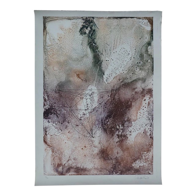 1980 Signed Abstract Geometric Linear Planetary Surface Diagram Lithograph 25" For Sale