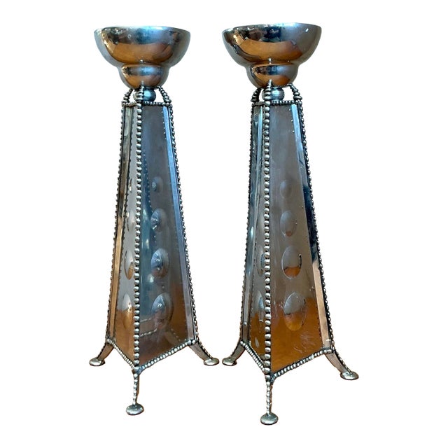 Vintage 1994 Signed Mirrored Candlestick Holders - A Pair For Sale