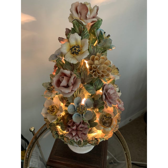Mid-Century Modern flowered topiary tree lamp. In the style of Capodimonte. All flowers and decorations are hand-formed....
