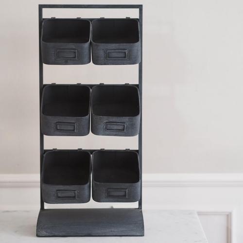 Anthracite metal rack with six open boxes in an industrial style. Suitable for structured storage in the kitchen,...