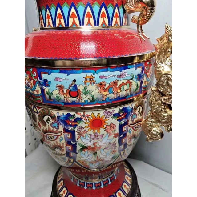Metal Monumental Chinese Cloisonné Peace Vase | Master-Designed Gilt Dragon Handles With Box For Sale - Image 7 of 12