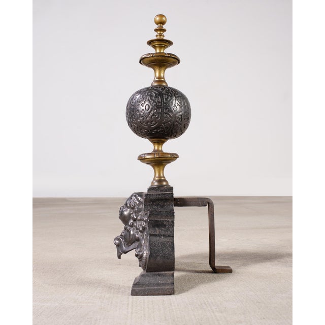 Pair of Dutch Baroque Style Iron Brass Andirons For Sale In Sacramento - Image 6 of 18