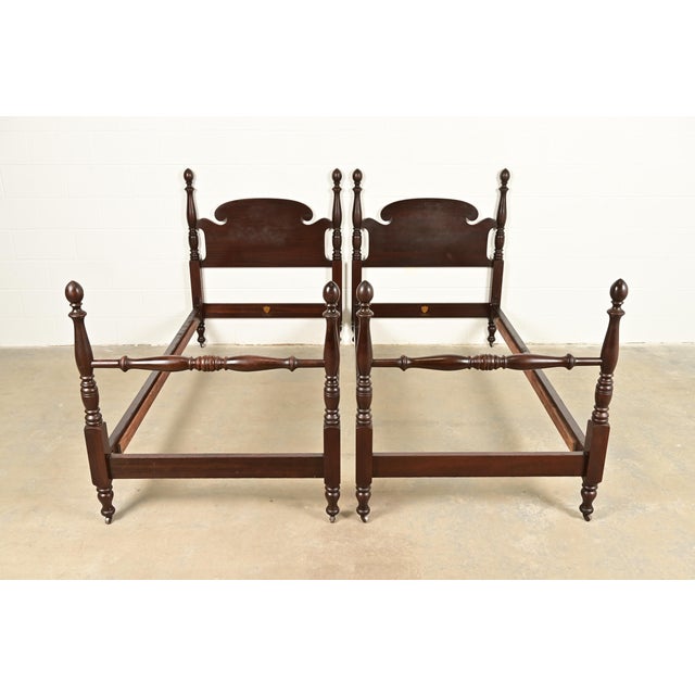 Wood Kindel Furniture Antique Georgian Carved Solid Mahogany Twin Size Poster Beds, Pair For Sale - Image 7 of 7