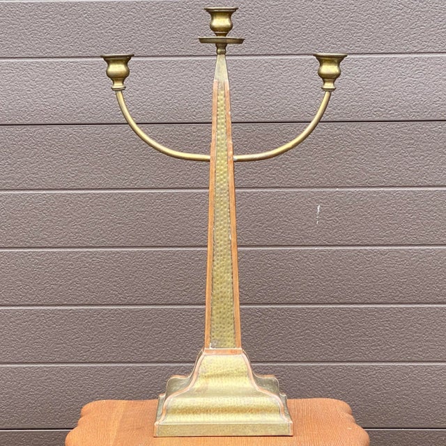 Arts and Crafts Hammered Brass Copper Obelisk Candelabra For Sale - Image 13 of 13