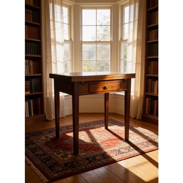 Antique coffee table in light wood, probably beech. It features a large, roomy central drawer and tapered, linear legs....