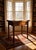 Antique coffee table in light wood, probably beech. It features a large, roomy central drawer and tapered, linear legs....