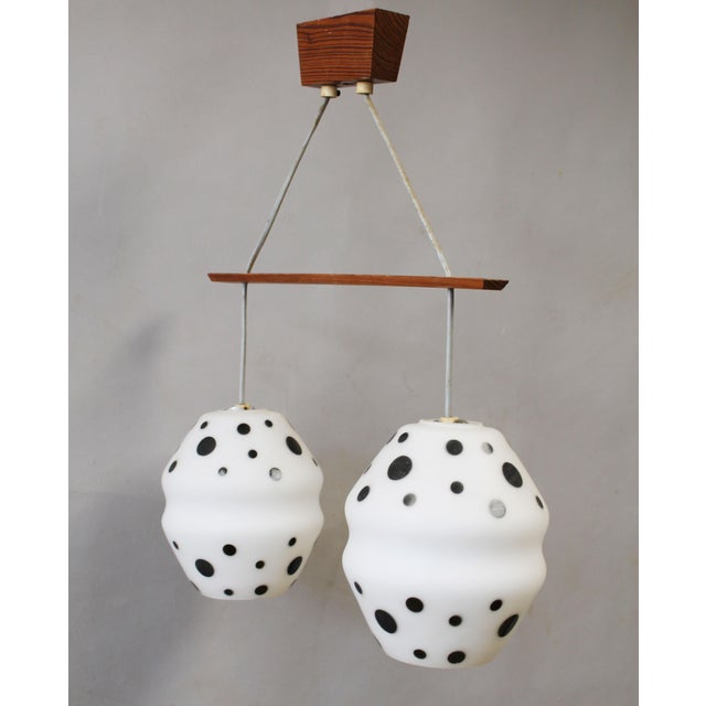 Vintage Czechoslovak Double Pendant Light in Spotted Opaline Glass and Wood, 1960s For Sale - Image 6 of 10