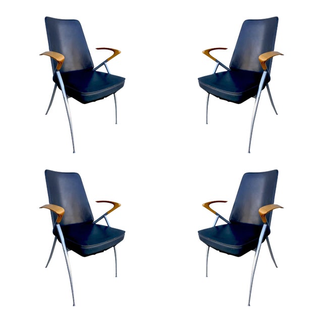 Modernist Leather Chairs With Cherry Oak Wingback Armrest - Set of 4 Attr. Paul Tuttle For Sale