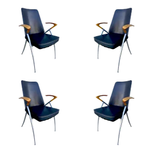 Modernist Leather Chairs With Cherry Oak Wingback Armrest - Set of 4 Attr. Paul Tuttle