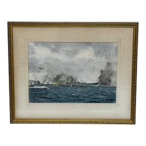 Nautical Painting of Naval Battle Sinking of Battleship Yamato April 1945 by Eric Tuffnell Framed