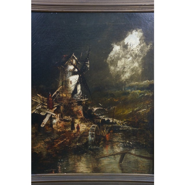 Late 19th Century Antique 19th C. Barbizon Dutch School Oil Painting Windmill Moonlight Landscape For Sale - Image 5 of 12