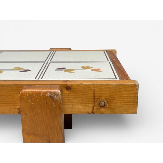 1970s French Modern, Coffee Table, Pine, Ceramic, France, 1970s For Sale - Image 5 of 7