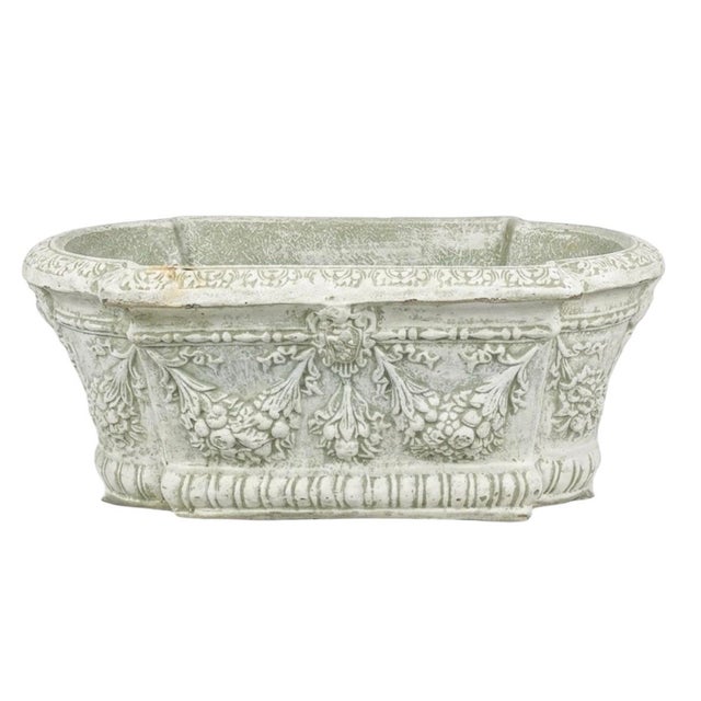 2000 - 2009 Vintage Italian Style White-Washed Garden Planter With Cherub & Fruit Swags For Sale - Image 5 of 10