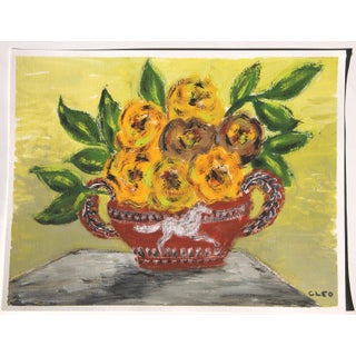 Impressionist Floral Still Life Greek Vase Horse Burnt Orange Gold Green Gray Original Painting by Cleo Plowden For Sale