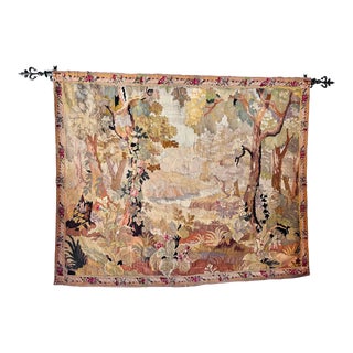 Antique Hand Woven Wool Flemish Verdure Tapestry With Iron Bar For Sale
