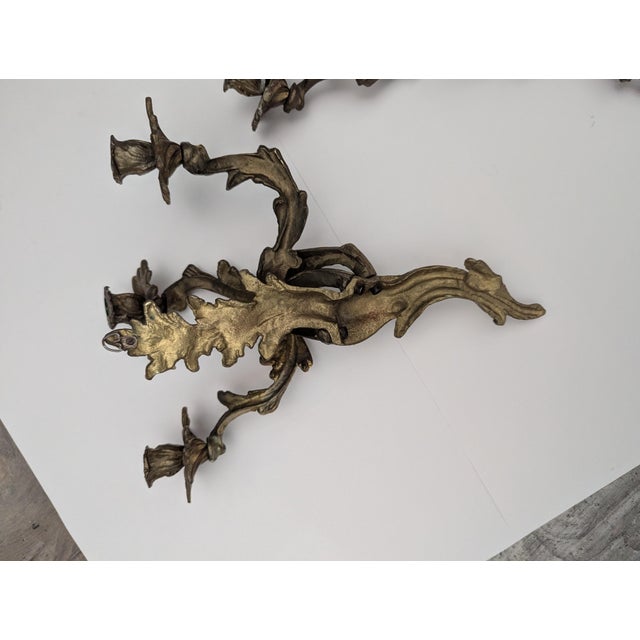 Brass 1920s Pair of 3 Arm Rococo Style Candle Sconces in Brass For Sale - Image 8 of 8