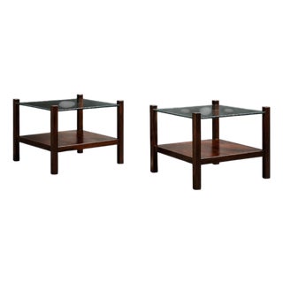Brazilian Modern Pair of Square Side Tables in Rosewood and Glass, Brazil, 1960s For Sale