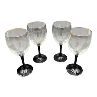 1970s French Stemware by Luminarc Black Tulip Base Mid Century Wine Glasses, Made in France- Set of 4 For Sale