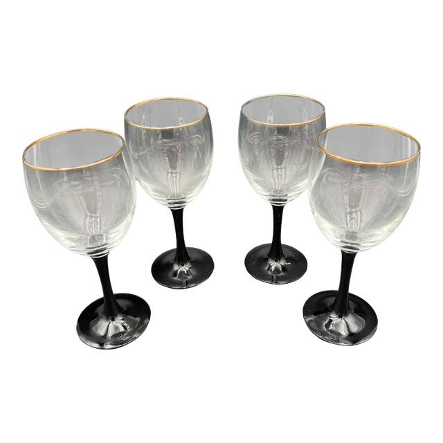 1970s French Stemware by Luminarc Black Tulip Base Mid Century Wine Glasses, Made in France- Set of 4 For Sale