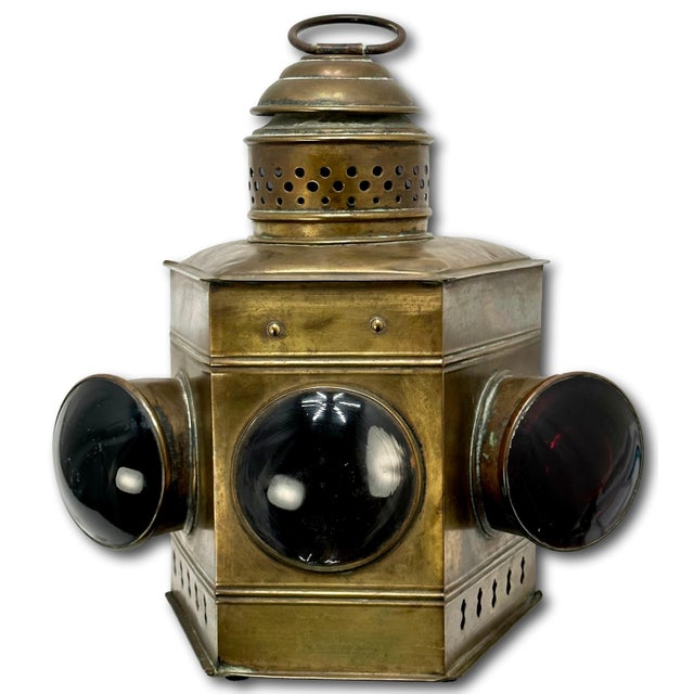 1910s Antique American Brass 3 Lens Color Red Blue & Clear Ships Wheelhouse Deck Light & Navagation Oil Lamp - Circa Early 1900s For Sale - Image 5 of 12