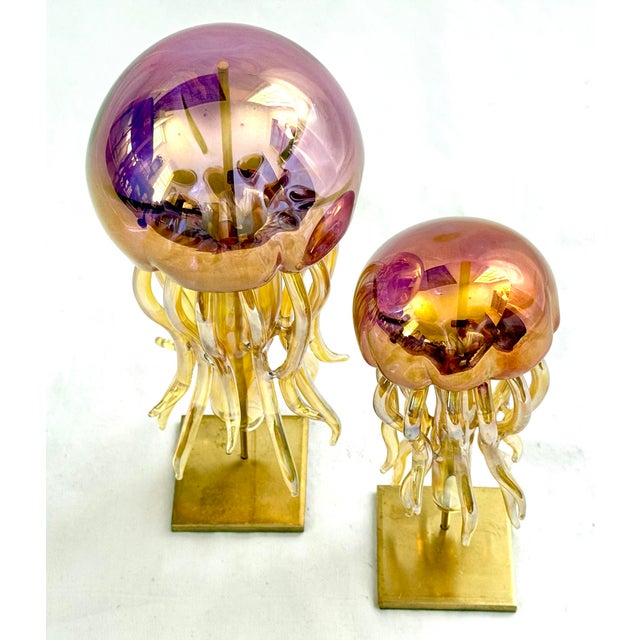 Contemporary Custom Handblown 24kt Gold Fume on Borosilicate Glass Jellyfish on Brass Stands - Set of 2 For Sale - Image 3 of 4