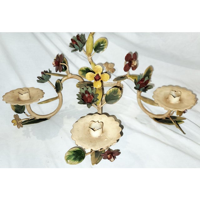Metal Pair of Italian Tole Painted Floral Wall Sconces Candleabra For Sale - Image 7 of 11