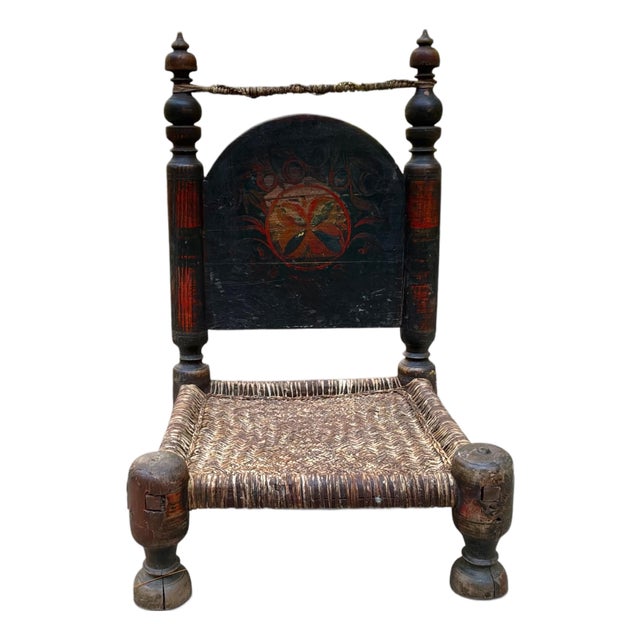 Antique Afghan / Nuristani Folk Art Chair, Hand-Painted Polychrome Wood & Woven Seat For Sale