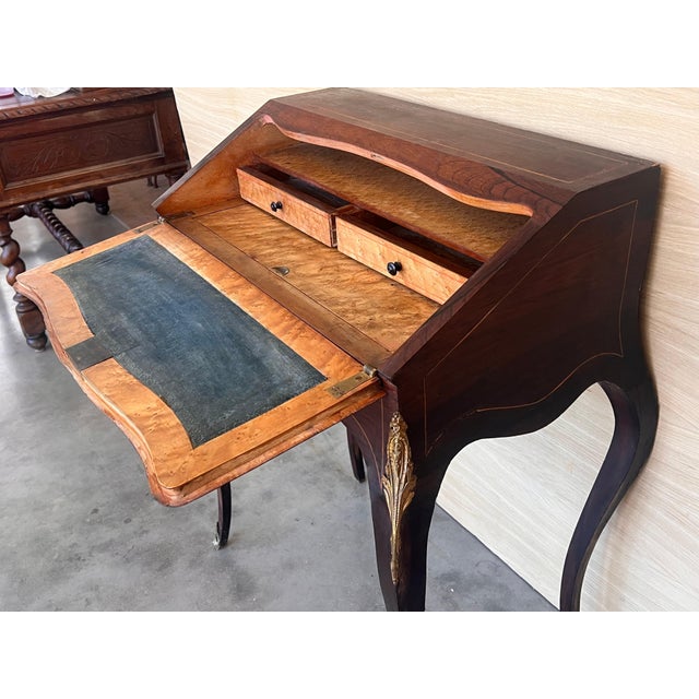 Brown Antique Chippendale Style Walnut Drop Front Secretary Ladies Writing Desk For Sale - Image 8 of 18