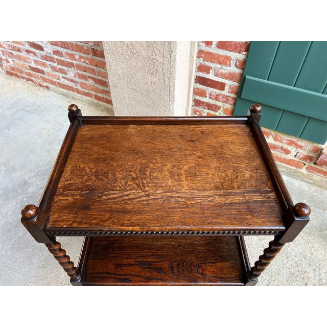 Antique English Barley Twist Tea Trolley Bar Cart Table Tiger Oak Dumbwaiter For Sale In Dallas - Image 6 of 18