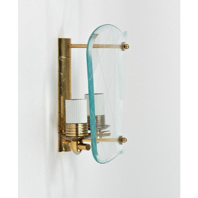 Mid-Century Brass & Curved Glass Sconces in the style of FontanaArte, Italy, 1950s, Set of 3 For Sale - Image 6 of 18