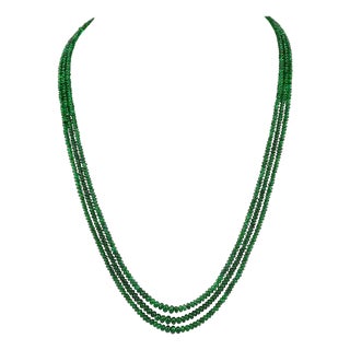 200Ct Fine Emerald Beads 3 Line Necklace with 14 Kt Yellow Gold Clasp Adjustable For Sale