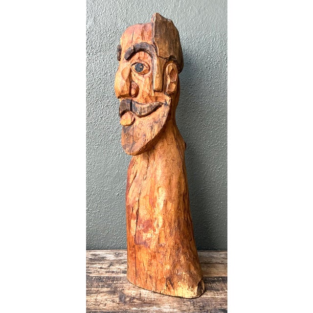 This captivating vintage hand-carved wood sculpture is a masterful example of American folk art, exuding a whimsical yet...