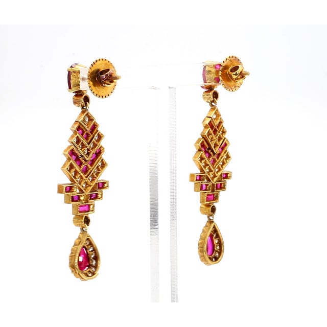 1980s 4 Carat Ruby and 3 Carat Diamond Art Deco Style 14k Earrings - 2 Pieces For Sale - Image 4 of 9