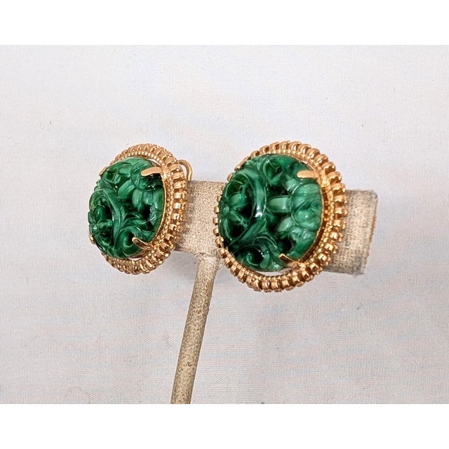 Vintage 1965 Signed Napier Round Goldtone Carved Faux-Jade Clip Earrings-2 Pieces For Sale In Philadelphia - Image 6 of 7
