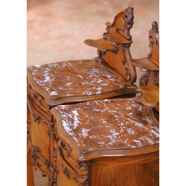 Pair of Early 20th Century French Louis XV Walnut Nightstands With Marble Tops For Sale - Image 4 of 13