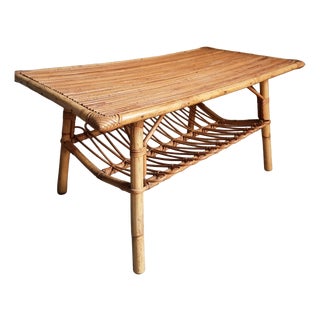 Vintage Bamboo and Rattan Coffee Table with Magazine Rack, France, 1960s-1970s For Sale