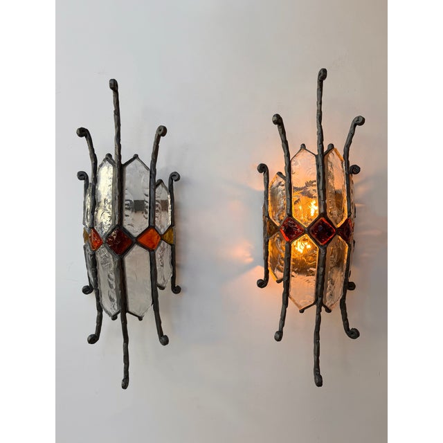 Pair of Hammered Glass Wrought Iron Sconces by Longobard, Italy, 1970s For Sale - Image 6 of 12