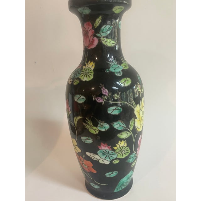 Vintage Chinese Famille Noire Porcelain Baluster Vase 12.5" Tall For Sale - Image 4 of 10