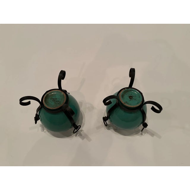 Italian Pottery Vases in Hand Wrought Iron Frames -A Pair For Sale In Philadelphia - Image 6 of 7