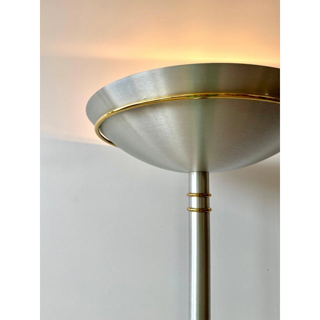 Late 20th Century Vintage Postmodern Brushed Aluminum and Brass Torchiere Floor Lamp For Sale - Image 5 of 12