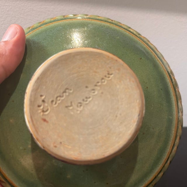 6.25”W x 6.25”D x 2.25”H 1940’s, France Multi colored glaze with ribbed detail around the sides Unique interior glaze in...