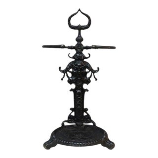 British Embossed Figural & Floral Cast Iron Umbrella Stand, Signed, C1880 For Sale