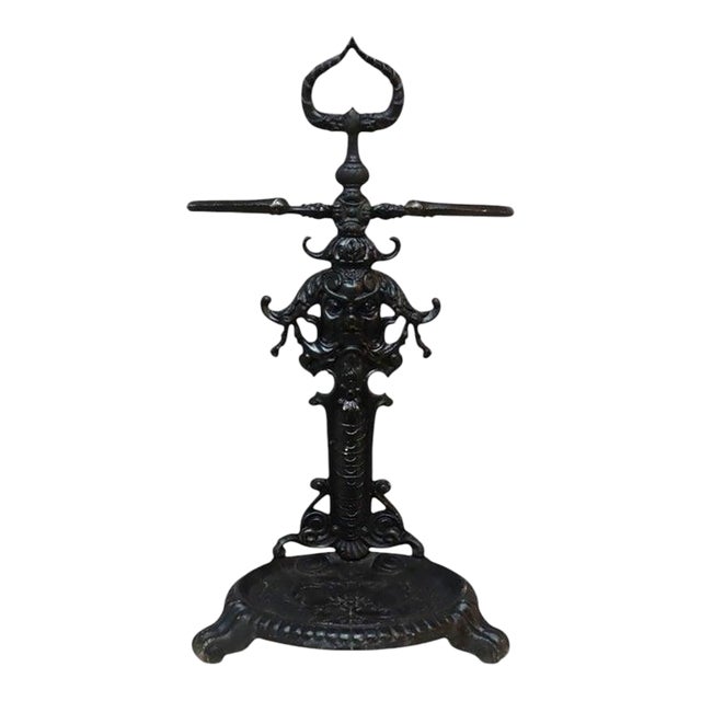 British Embossed Figural & Floral Cast Iron Umbrella Stand, Signed, C1880 For Sale