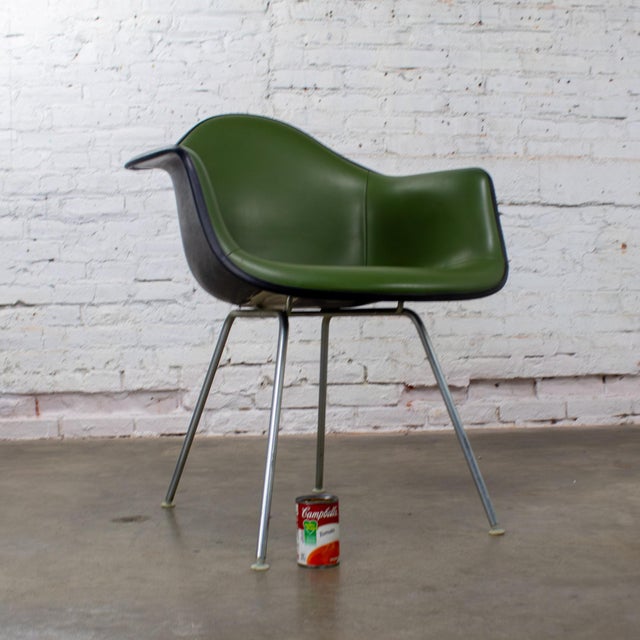 1971 MCM Eames Herman Miller Molded Fiberglass Shell Armchair Upholstered Green Naugahyde Galvanized H Base For Sale - Image 18 of 18