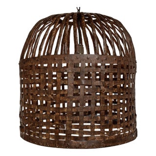 Rustic Industrial Vintage Iron Cage Basket Pendant Light For Sale