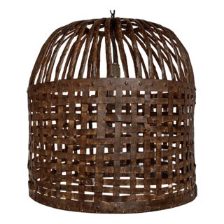 Vintage Rustic Industrial Iron Cage Basket Pendant Light For Sale