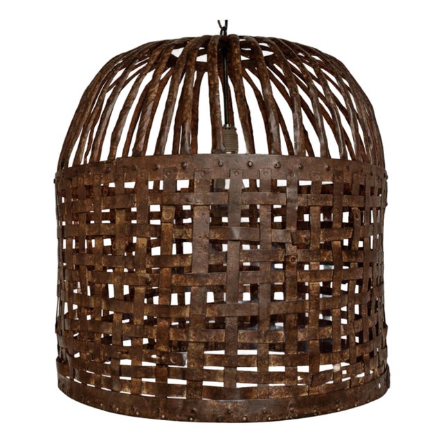 Vintage Rustic Industrial Iron Cage Basket Pendant Light For Sale